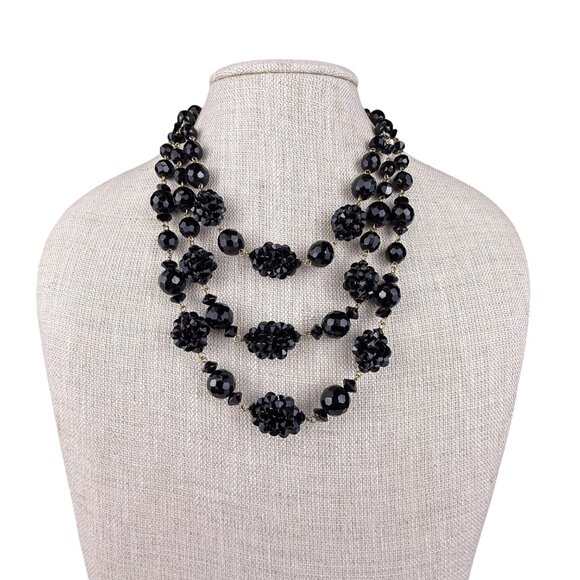 Vintage Multistrand Black Faceted Beaded Necklace Elegant Gold Tone Hook Closure - Picture 1 of 4